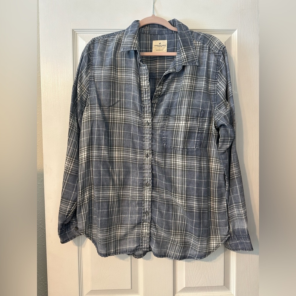 American Eagle Outfitters Gray and White Plaid Button-Down Shirt - Men's